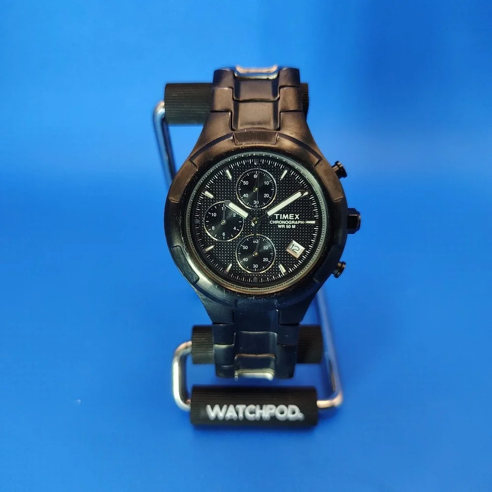 Vintage 2001 Timex Chronograph Date Gun Metal 38mm Mens Quartz Watch Restored
